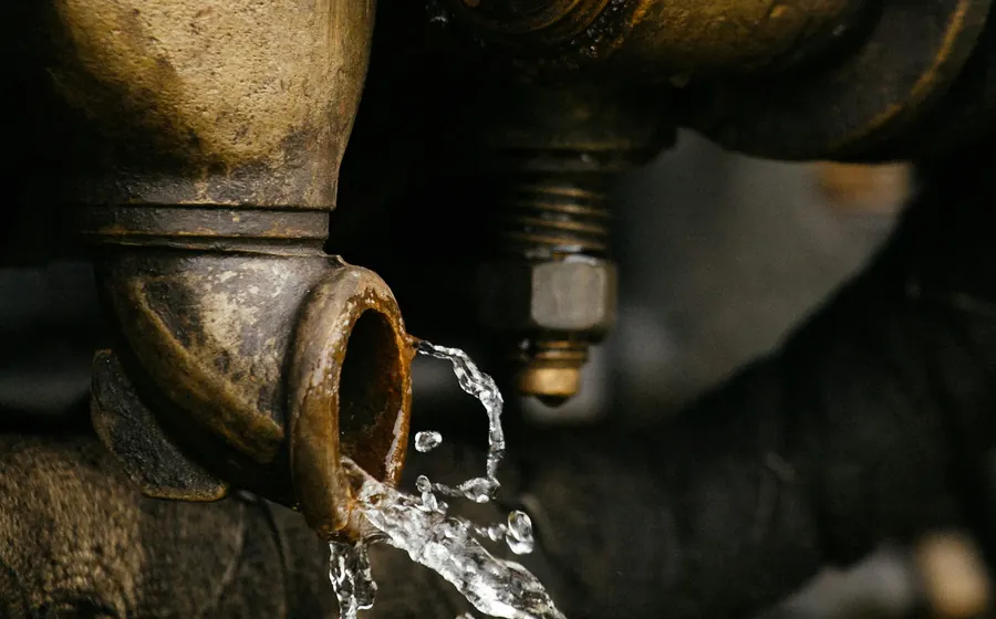 Cañería de bronce con una fuga de agua